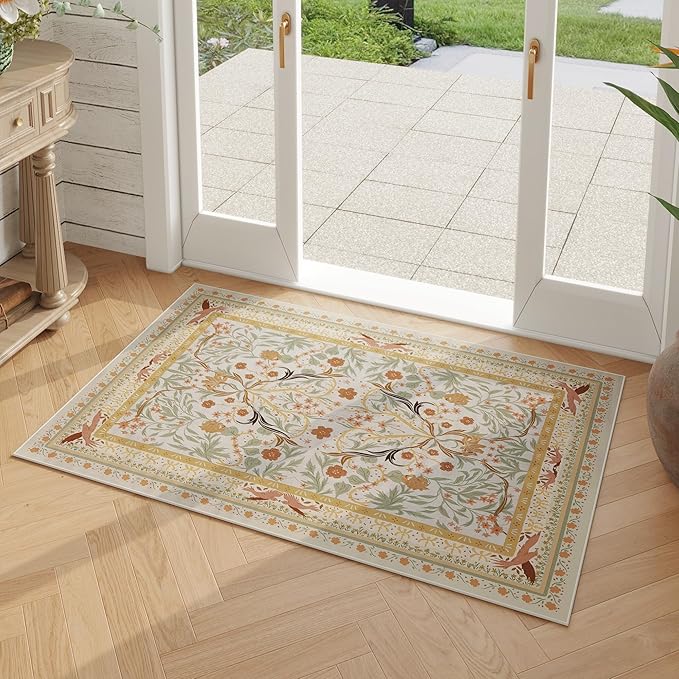 Door Mat Indoor Entrance 2x3 Rug Machine Washable Vintage Floral Botanical Small Area Rug Non-Slip Low Pile Throw Rugs for Entryway, Kitchen, Front Door Entrance, Entry, Kids Room, Yellow-CubbioJoy