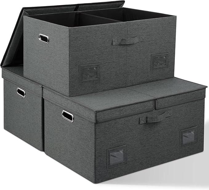 75 Quarts Extra Large Decorative Storage Bins with Lids, 3 Packs Dark Gray Collapsible Storage Bins with Lids, Stackable Storage Bins Decorative Box Storage With Lid Extra Large-CubbioJoy