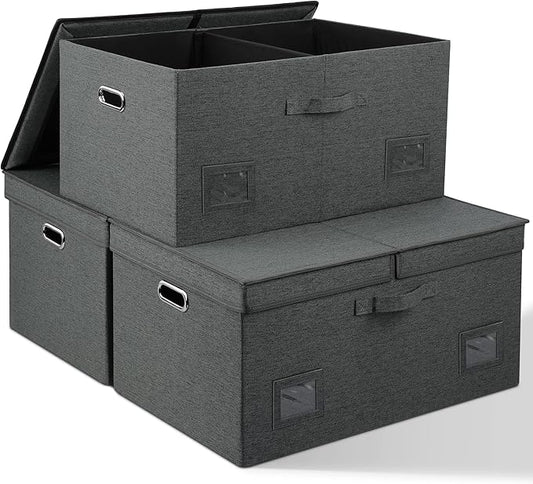 75 Quarts Extra Large Decorative Storage Bins with Lids, 3 Packs Dark Gray Collapsible Storage Bins with Lids, Stackable Storage Bins Decorative Box Storage With Lid Extra Large-CubbioJoy