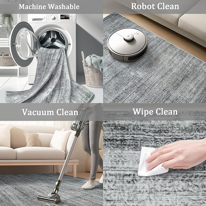 9x12 Area Rug Living Room Rugs - Washable Rug Large Modern Abstract Soft Thin Carpets Indoor Floor No Slip Vintage Carpet for Bedroom Under Dining Table Nursery Home Office Decor Gray Blue-CubbioJoy