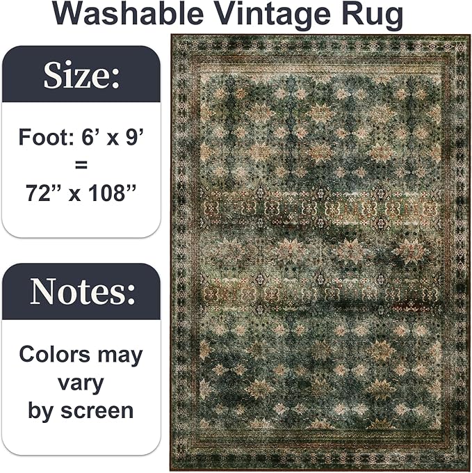 6x9 Washable Area Rug Non Slip, Thin Vintage Floral Living Room Rug Low Pile, Indoor Large Distressed Print Carpet for Bedroom, Dining Room, Farmhouse, Home Office, Dorm(Dark Green/Brown/Multi)-CubbioJoy
