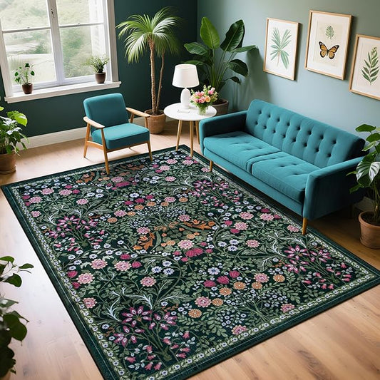 Area Rug Living Room Rugs: Floral 5x7 Washable Rug Vintage Soft Boho Non-Slip Carpet Indoor Floor Stain Resistant Large Carpets for Bedroom Dining Room Farmhouse Nursery Hallway Home Office Dark Green-CubbioJoy