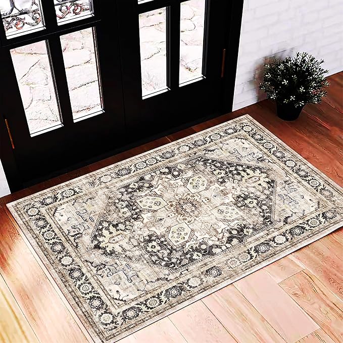 2'x3' Black-Purple Khaki Area Rug Washable Door Mat Vintage Distressed Doormat Indoor Entrance Traditional Thin Floral Print Non Slip Carpet for Kitchen Bathroom Bedroom Living Room-CubbioJoy