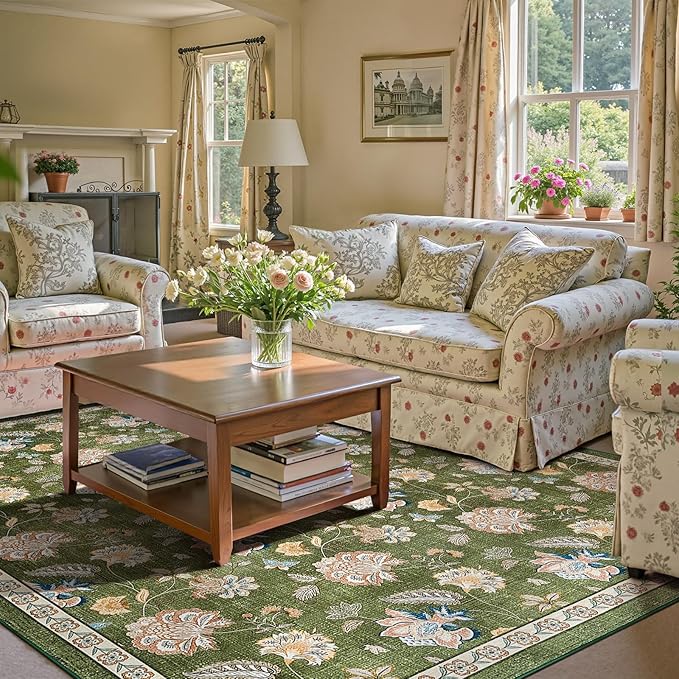 jinchan 8x10 Floral Rug for Living Room Washable Bedroom Rug Vintage Romance Design Non Slip Thin Indoor Floor Cover Large Low-Profile Throw Carpet for Dining Room Office, Green-CubbioJoy