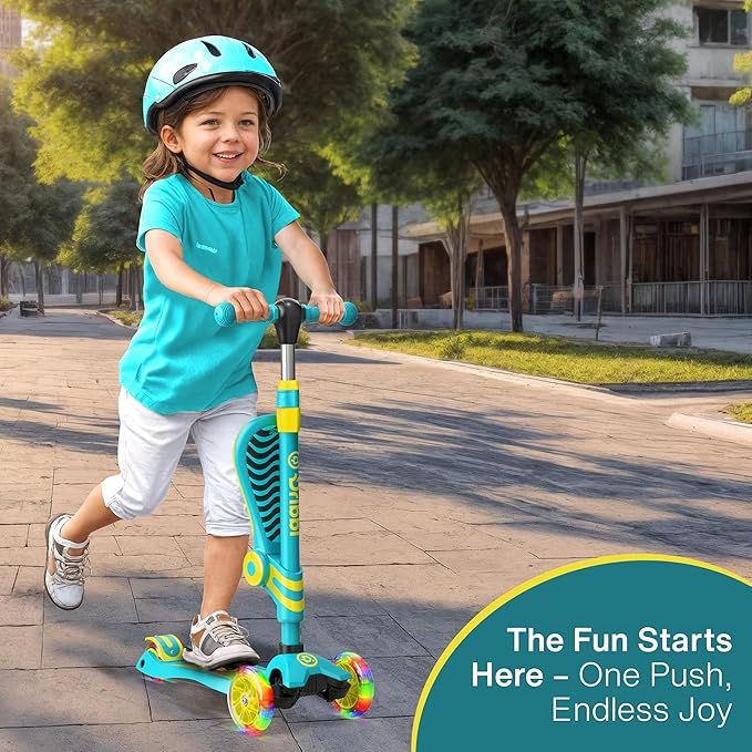 Aqua & Yellow 3 Wheel Scooter with Seat for Kids – Light-Up LED Wheels, Adjustable Handlebar and Seat, Smooth PU Wheels, Wide Anti-Slip Deck, Rear Foot Brake – Toddler Outdoor Toys for Ages 2+-CubbioJoy