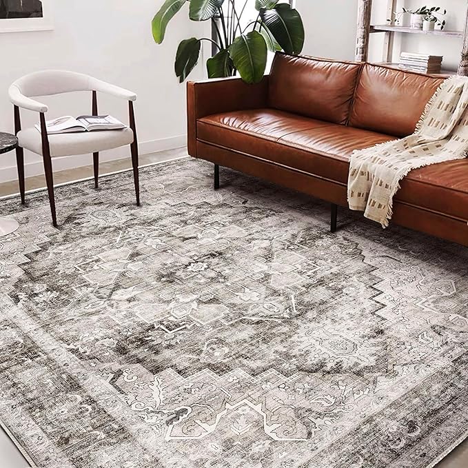 Area Rug 6'x9' Deep Khaki Washable Vintage Traditional Floor Cover Thin Retro Kitchen Indoor Distressed Non Slip Carpet for Living Room Bedroom Dining Room-CubbioJoy