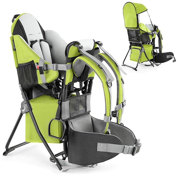 besrey Baby Backpack Carrier, Toddler Hiking Backpack with Safety 3-Height Seat, Adjustable Straps&Waist Belt, Foldable Frame Lightweight Large Capacity Child Carrier for Hiking (Green)-CubbioJoy