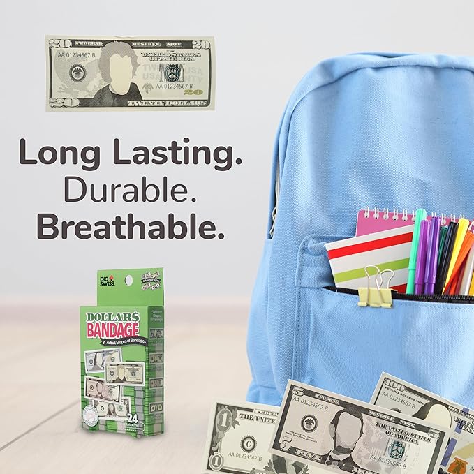 BioSwiss Bandages, Money Shaped Self Adhesive Bandage, Latex Free Sterile Wound Care, Fun First Aid Kit Supplies for Kids, 24 Count-CubbioJoy