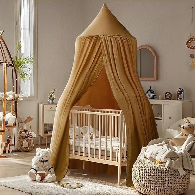Cotton Kids Bed Canopy, Nursery Room Baby Crib Hanging Curtain Mosquito Net Hideaway Bedding Children Reading Nook Decoration, Pastel Neutral Color for Boys & Girls (Khaki)-CubbioJoy
