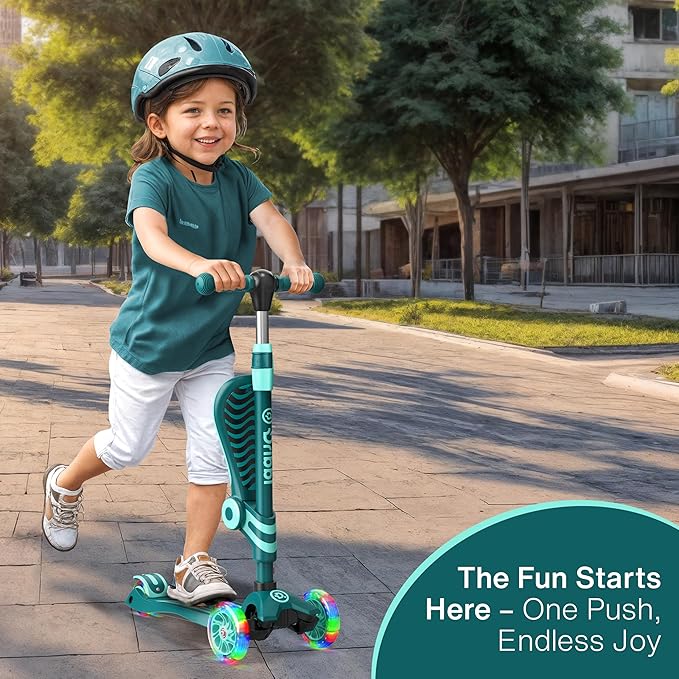 Aqua 3 Wheel Scooter with Seat for Kids – Light-Up LED Wheels, Adjustable Handlebar and Seat, Smooth PU Wheels, Wide Anti-Slip Deck, Rear Foot Brake – Toddler Outdoor Toys for Ages 2+-CubbioJoy