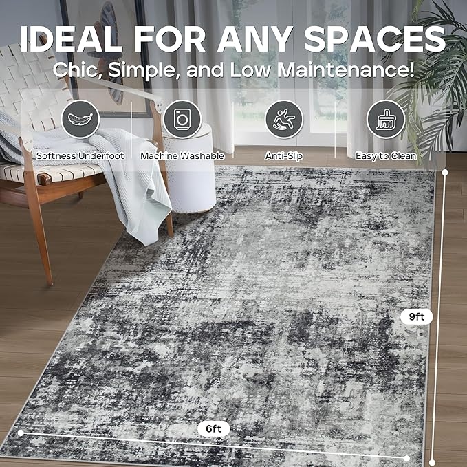 6x9 Area Rugs for Living Room Rug Washable: Modern Rug for Dining Room Bedroom Carpet Non Slip Low Pile 6 by 9 Indoor Abstract Nursery Home Office Black Grey-CubbioJoy