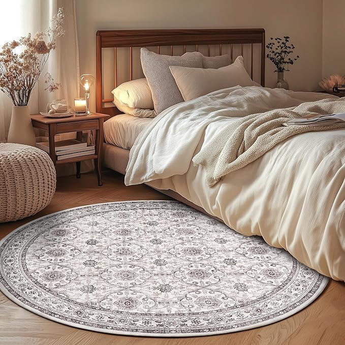 jinchan Round Rug 4ft Washable Circle Soft Rug - Low Pile Vintage 4'Round Indoor Beige Floral Print Stain Resistant Boho Carpet Ultra-Thin Non-Slip for Entryway Nursery Bedroom Dining Room Kitchen-CubbioJoy