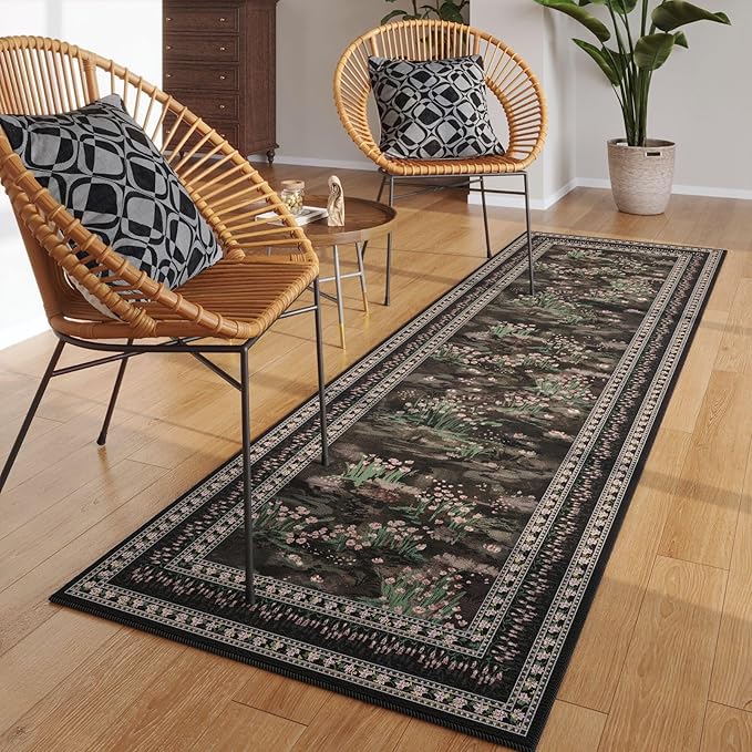 2x6 Runner Rug Impressionist-Style Vintage Kitchen Rugs Non Slip Washable Soft Carpet Runner for Kitchen Laundry Bedroom Bathroom, Black-CubbioJoy