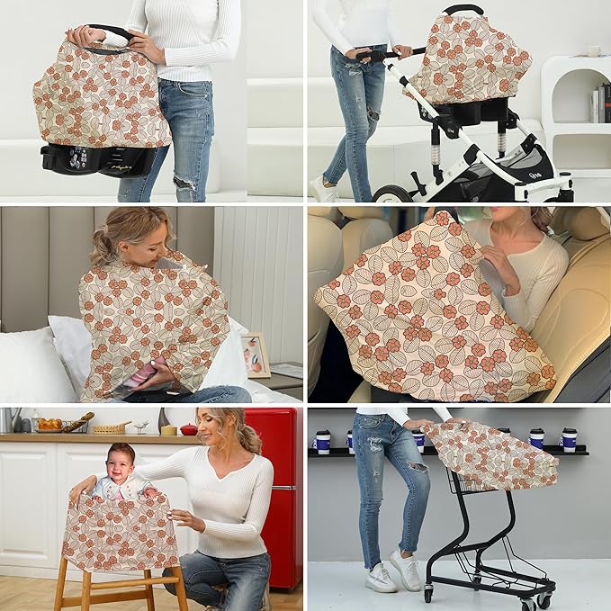 Breathable Car Seat Cover for Babies – Multi-Purpose Soft Rayon Nursing Cover for Breastfeeding, High Stretchy Infant Carseat Canopy, Stroller Cover (Smooth Rayon, Warm Floral)-CubbioJoy