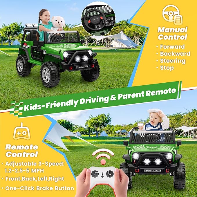 24V 4WD Ride on Truck Car w/800W Motors, Gift Flower, Remote Control, 2 Seaters, Light Bar, 3 Speeds, Pop Music, Power Four Wheels, 24 Volt Ride on Toy Car for Big Kids, Green-CubbioJoy