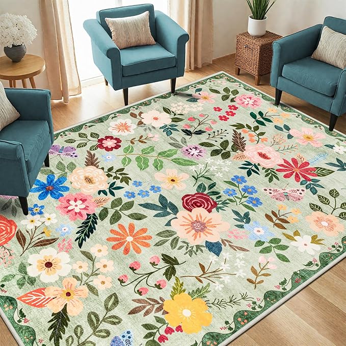 Area Rug Living Room Rugs: Floral 5x7 Washable Rug Vintage Soft Boho Non-Slip Carpet Indoor Stain Resistant Large Carpets for Bedroom Dining Room Farmhouse Nursery Hallway Home Office Green-CubbioJoy