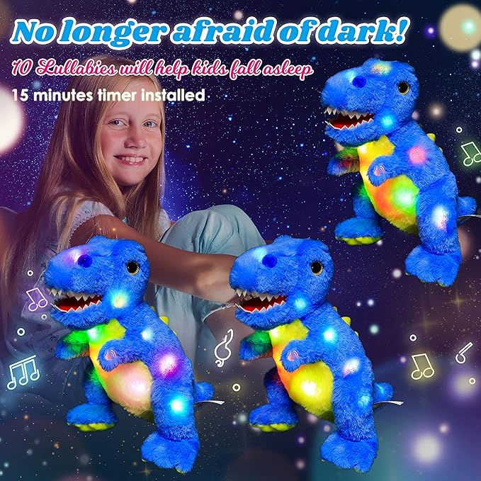 Cuteoy Light-up Singing Plush Blue Dinosaur LED Musical Stuffed Animal T-Rex Adjustable Volume Lullaby Plushies Birthday Christmas Toy Gifts for Kids Toddler Girls, 12"-CubbioJoy