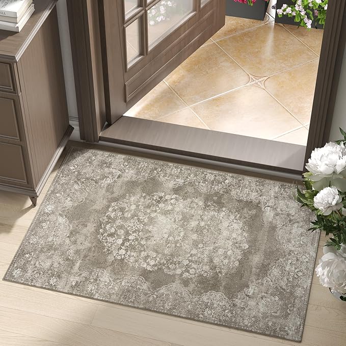jinchan Floral 2x3 Rug for Entryway - Vintage Washable Area Rug Ultra-Thin Low Pile Soft Small Non-Slip Distressed Indoor Doormat Accent for Entrance Kitchen Bedroom Bathroom (2x3ft,Brown)-CubbioJoy