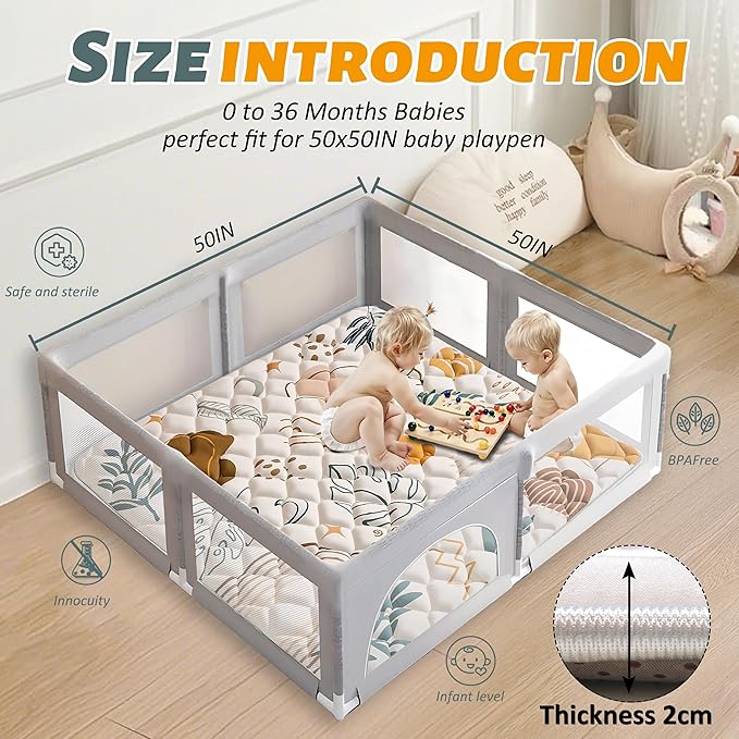 Baby Play Mats for Floor, 50x50 Playpen Mat for Babies, Extra Thicker & Soft Floor Crawling Mat, Foldable Non-Slip Playmat Cushioned for Infants Toddlers, Boho Leaf Style-CubbioJoy