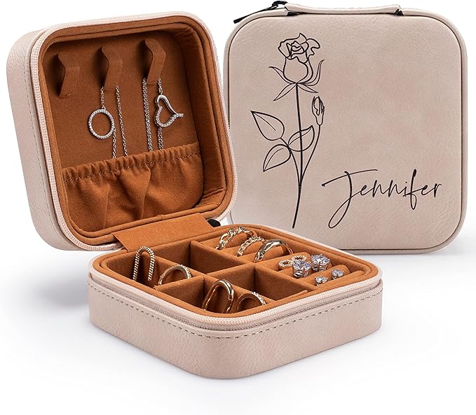 Custom Leather Customized Jewelry Organizer Box w/Name & Birth Flower Month - Birthday Gifts for Women, Mom Personalized Jewelry Travel Case - Beige-CubbioJoy
