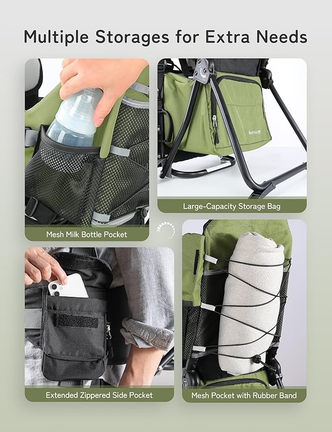 besrey Baby Backpack Carrier, Toddler Hiking Backpack with Safety 3-Height Seat, Adjustable Straps&Waist Belt, Foldable Frame Lightweight Large Capacity Child Carrier for Hiking (Army Green)-CubbioJoy