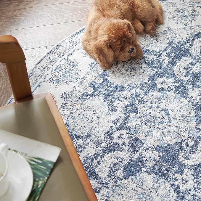 jinchan Round Rug 6ft Area Rugs Vintage Floral Distressed Design - Machine Washable Non-Slip Low-Pile Ultra-Thin Circle Rug for Entryway Bedside Living Room Dining Room Bedroom (6' Round,Dark Blue)-CubbioJoy