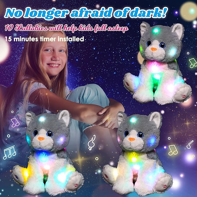 Cuteoy Light-up Singing Plush Cat LED Musical Kitty Stuffed Animal Adjustable Volume Lullaby Plushies Birthday Christmas Toy Gifts for Kids Toddler Girls, 10.5"-CubbioJoy