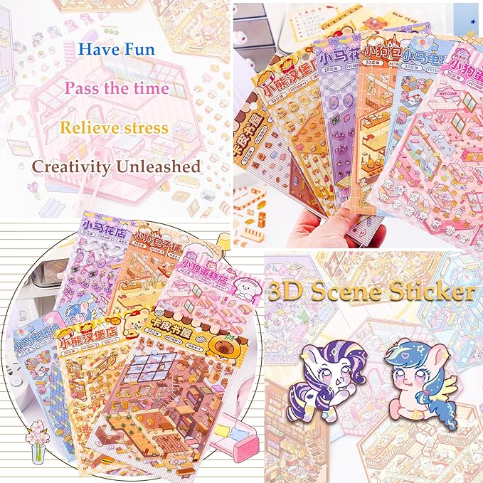 DIY 3D House Sticker, 6 Sets of Sticker Make Your Own Mini Shop Scenes Stickers for Kids Kawaii Cartoon Scene Stickers for Adult Relief Stress Pass The Time-CubbioJoy