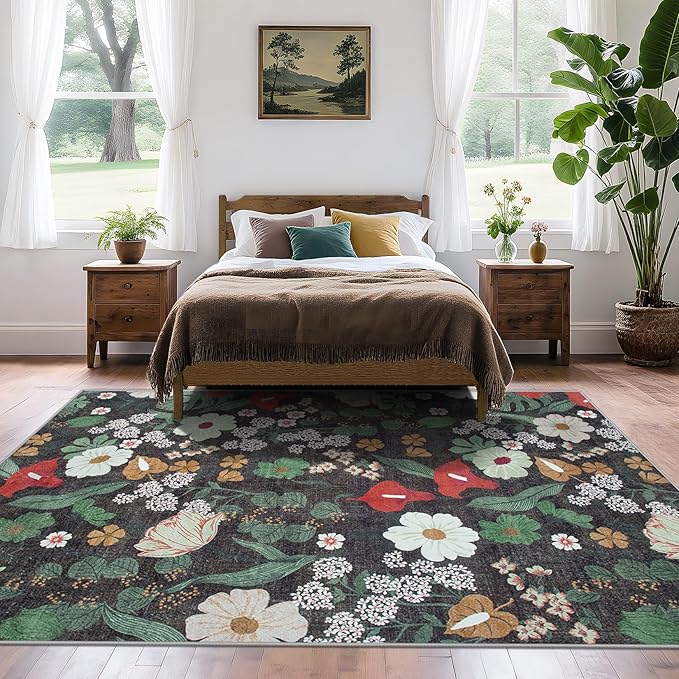 Area Rug Living Room Rugs: 5x7 Washable Rug Vintage Floral Soft Boho Non Slip Carpet Indoor Floor Non Shedding Low Pile Thin Carpets for Bedroom Dining Room Farmhouse Nursery Home Office Green-CubbioJoy
