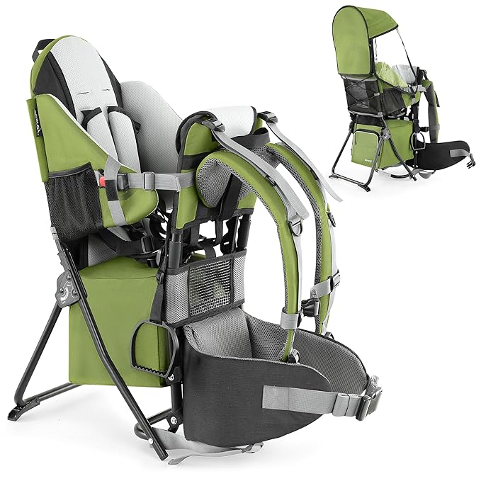 besrey Baby Backpack Carrier, Toddler Hiking Backpack with Safety 3-Height Seat, Adjustable Straps&Waist Belt, Foldable Frame Lightweight Large Capacity Child Carrier for Hiking (Army Green)-CubbioJoy