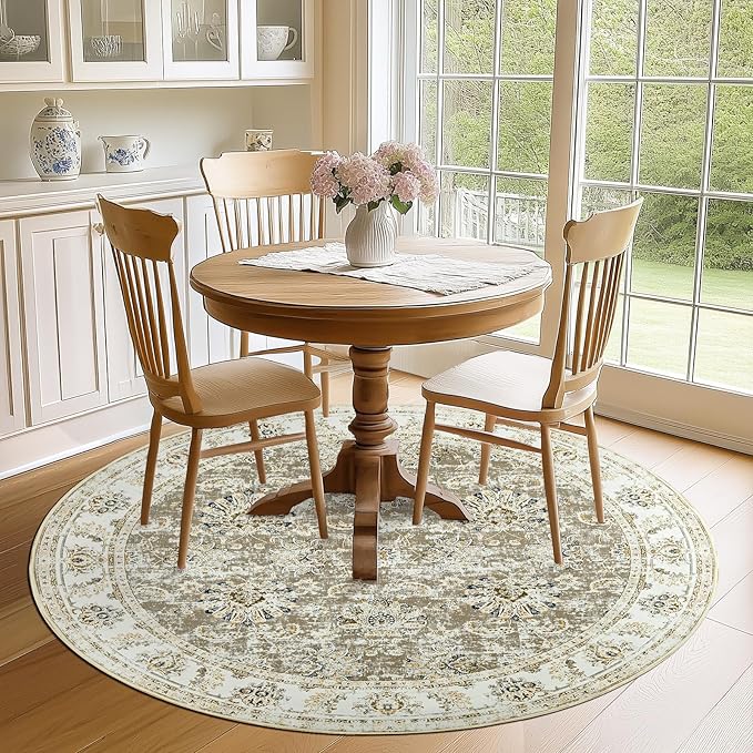 jinchan Round Rug 6ft Area Rugs Vintage Floral Distressed Design - Machine Washable Non-Slip Low-Pile Ultra-Thin Circle Rug for Entryway Bedside Living Room Dining Room Bedroom (6' Round,Taupe)-CubbioJoy