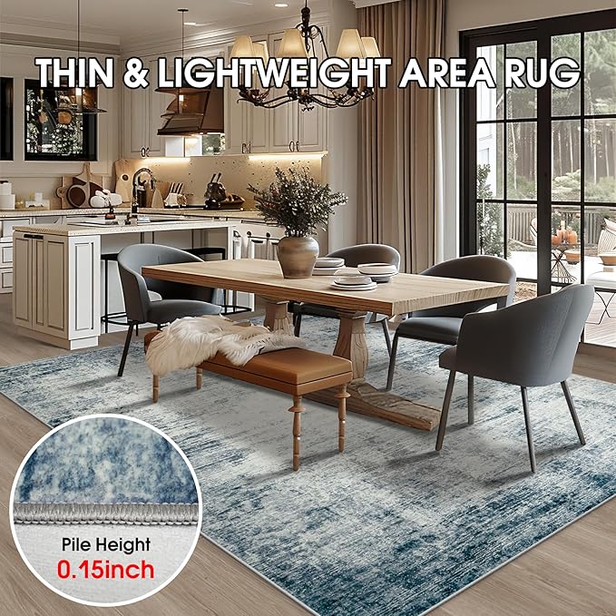 5x7 Area Rugs for Living Room Bedroom, Abstract Washable Rugs with Non-Slip Backing, Stain Resistant Indoor Floor Carpet for Dining Room Table Nursery Hallway Home Office-Blue/Ivory-CubbioJoy