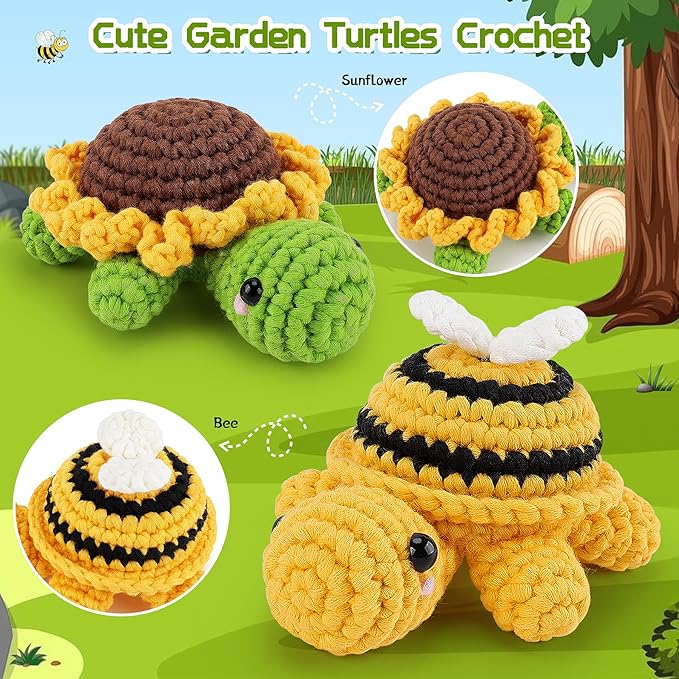Crochet Kit for Beginners, Crochet Animal Kit with Step-by-Step Video Tutorials, 2PCS Bee and Sunflower Turtles Crocheting Kit for Adults Kids, Easy Yarn for Starter, Stuffed Animal Knitting Kit-CubbioJoy
