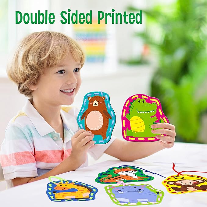 9 Pieces Kids Lacing Cards, Double Sided Sewing Cards in 9 Wild Animals with 9 Colorful Laces, Imagination Development Lacing Toys Games for Children Educational and Learning Activity-CubbioJoy