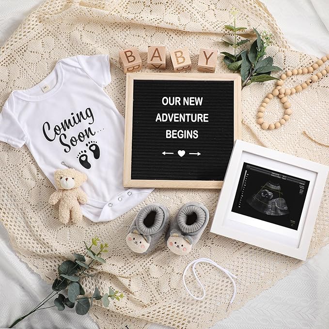 9 Pcs Pregnancy Announcement Set Pregnancy Reveal Ideas Felt Letter Board Baby Bodysuit Booties Photo Frame Bear Plush Wood Blocks for Coming Soon Baby Announcement(Black)-CubbioJoy