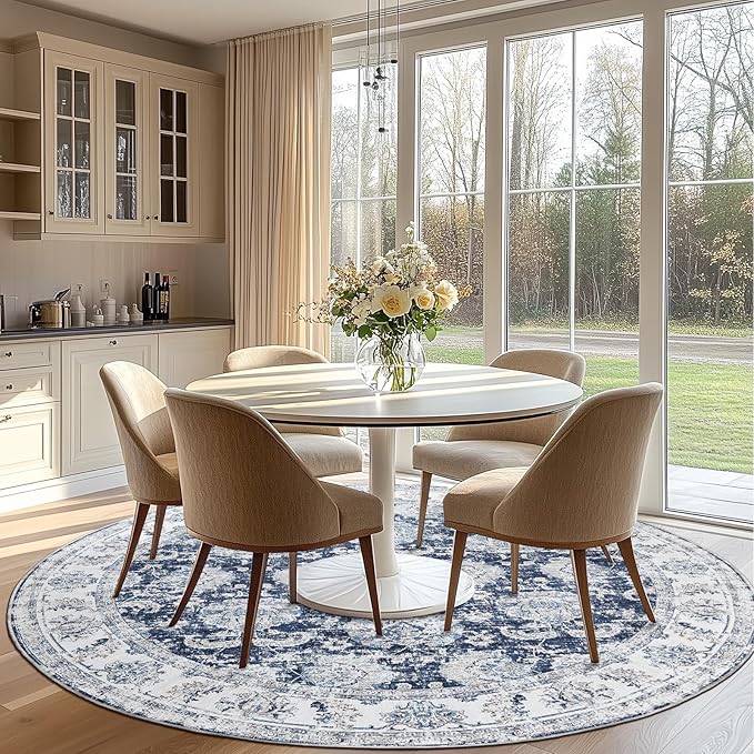 jinchan Round Rug 7ft Area Rugs Vintage Floral Distressed Design Machine Washable Non-Slip Low-Pile Ultra-Thin Circle Rug for Living Room Dining Room Bedroom Home Office Farmhouse (7' Round,Dark Blue)-CubbioJoy