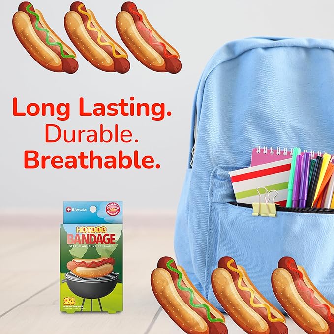 BioSwiss Bandages, Hot Dog Shaped Self Adhesive Bandage, Latex Free Sterile Wound Care, Fun First Aid Kit Supplies for Kids, 24 Count-CubbioJoy