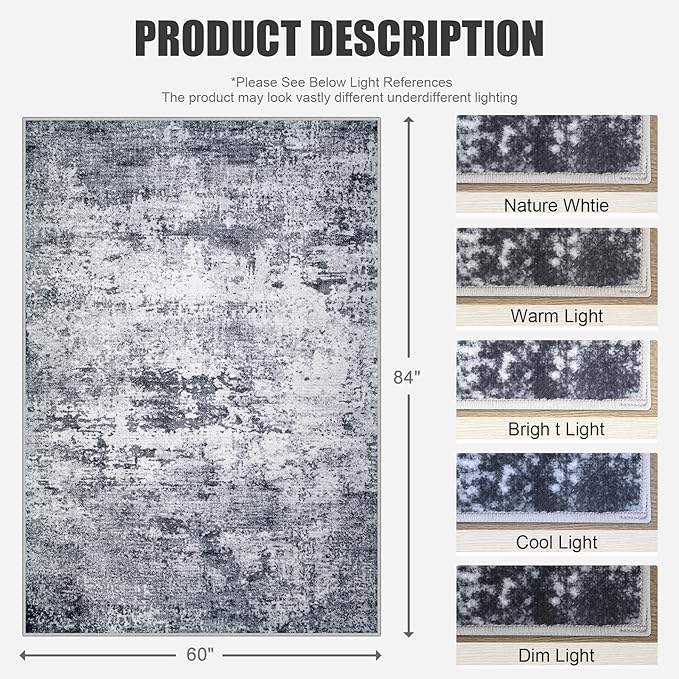 5x7 Area Rug Living Room Rug: Washable Modern Abstract Soft Thin Rug Indoor Floor No Slip Stain Resistant Carpet for Bedroom Dining Room Farmhouse Nursery Home Office - Grey-CubbioJoy