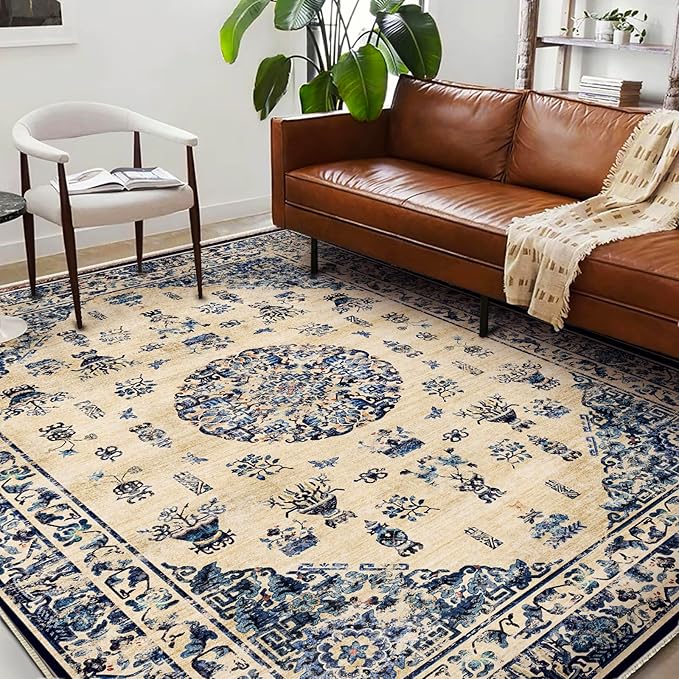 Area Rug 6'x9' Washable Vintage Traditional Floor Cover Thin Retro Kitchen Indoor Distressed Non Slip Carpet for Living Room Bedroom Dining Room-CubbioJoy