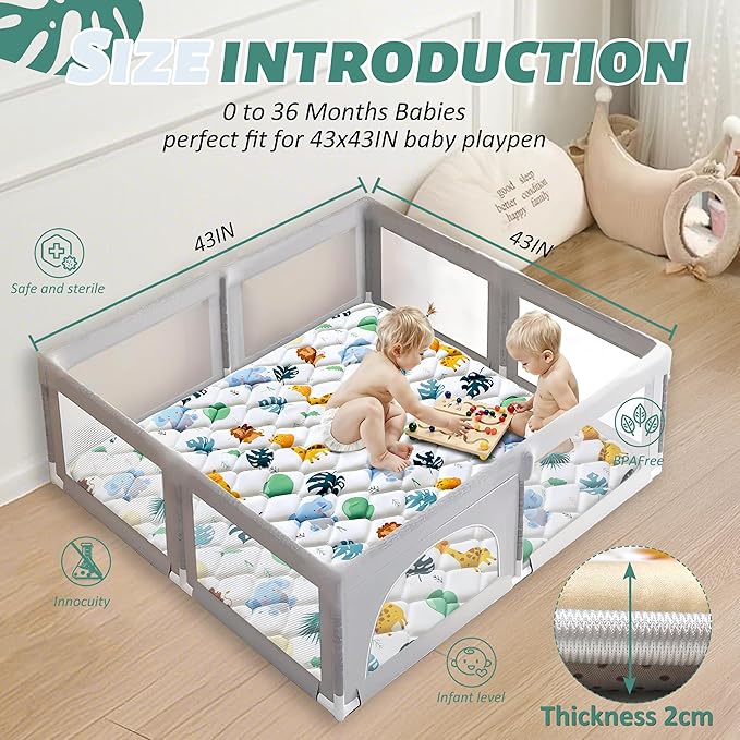 Baby Play Mats for Floor, 43x43 Playpen Mat for Babies, Extra Thicker & Soft Floor Crawling Mat, Foldable Non-Slip Playmat Cushioned for Infants Toddlers, Cute Animal Design-CubbioJoy
