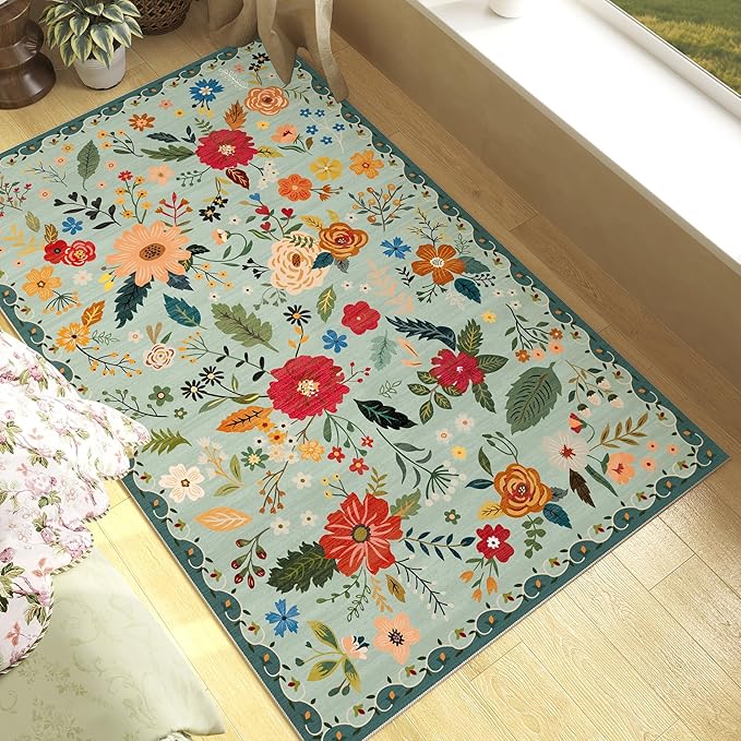 3x5 Area Rug, Floral Green Washable Rug for Entryway, Non Slip Flower Area Rugs, Soft Low Pile Indoor Doormat Small Carpet, Rugs for Living Room Bedroom Nursery Kitchen Dining Room, Sage Green-CubbioJoy