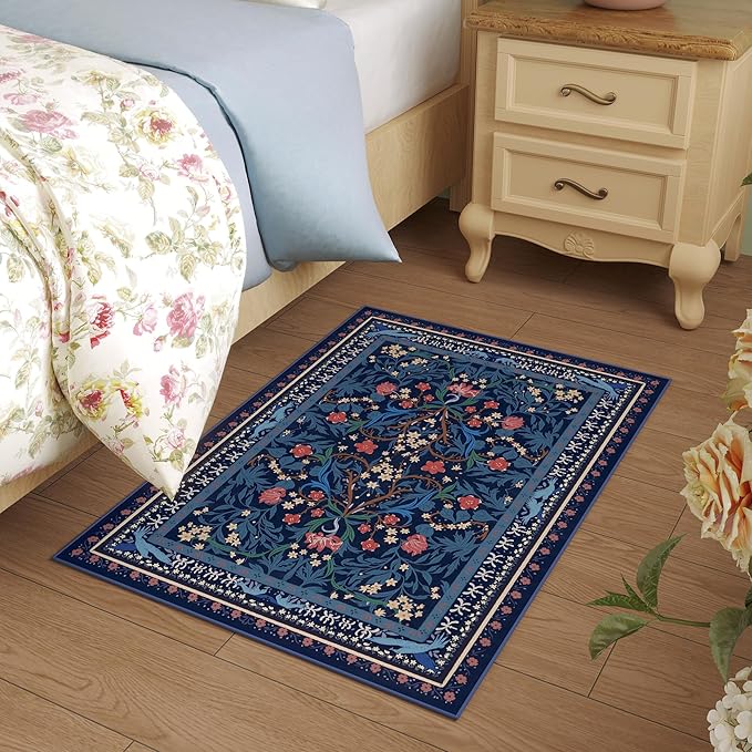 Door Mat Indoor Entrance 2x3 Rug Machine Washable Vintage Floral Botanical Small Area Rug Non-Slip Low Pile Throw Rugs for Entryway, Kitchen, Front Door Entrance, Entry, Kids Room, Blue-CubbioJoy