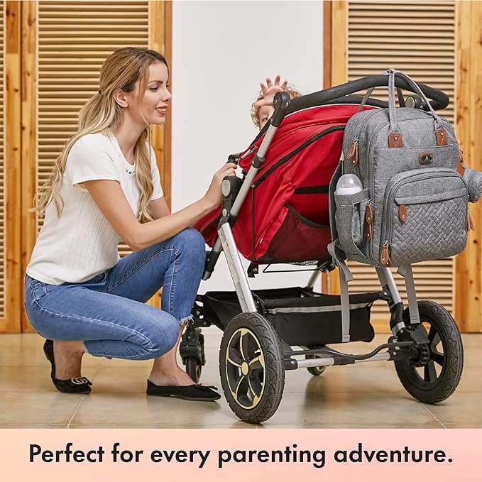 Dikaslon Diaper Bag Backpack with Portable Changing Pad, Pacifier Case and Stroller Straps, Large Unisex Baby Bags for Boys Girls, Multipurpose Travel Back Pack Moms Dads, Gray-CubbioJoy