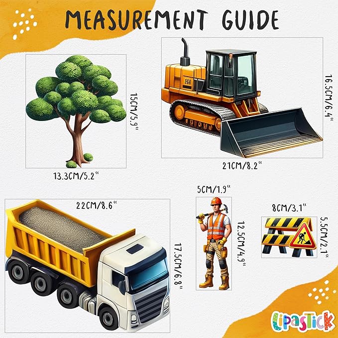 Construction Car Wall Decals for Boys by Lipastick - Road, Trucks, Tractors, Excavators Wall Stickers for Kids Bedroom, Nursery, Playroom - Peel and Stick Transport Themed Wall Decals - M Size-CubbioJoy