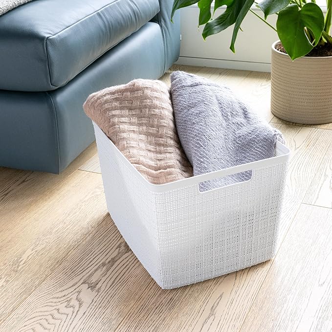 Curver Set of 4 Jute Large Decorative Plastic Organization and Storage Baskets, Perfect Bins for Home Office, Closet Shelves, Kitchen Pantry and All Bedroom Essentials, White-CubbioJoy