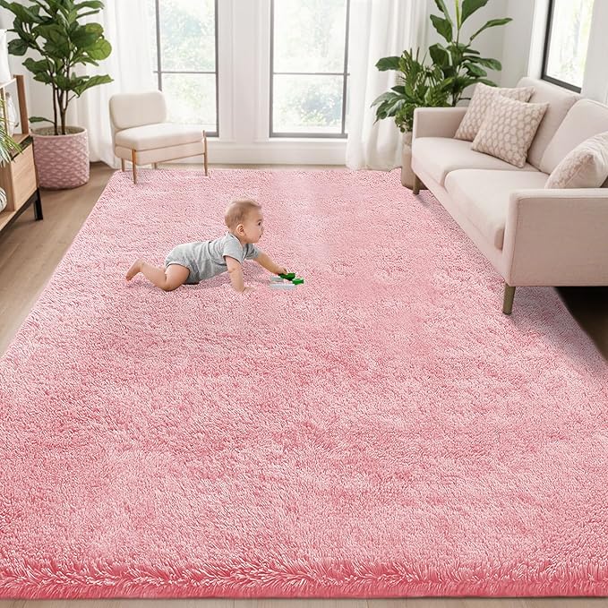 5x7 Area Rug for Living Room: Fluffy Shag Soft Washable Rugs Fuzzy Plush Indoor Carpet for Bedroom Nursery Playroom Dorm Kids Girls Boys Room (Pink, 5'x7')-CubbioJoy