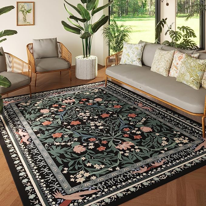 5x7 Washable Rug Vintage Floral Botanical Area Rug Non Slip Low Pile Large Rugs for Living Room, Bedroom, Farmhouse, Dining Room, Kids Playroom, Black-CubbioJoy