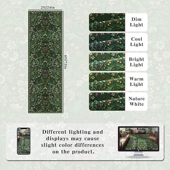 2x6 Washable Runner Rug,Dark Green Floral Boho Area Rug for Hallway,Low-Pile Non-Slip Stain Resistant Carpet for Kitchen, Bedside,Laundry Room,Entryway-CubbioJoy