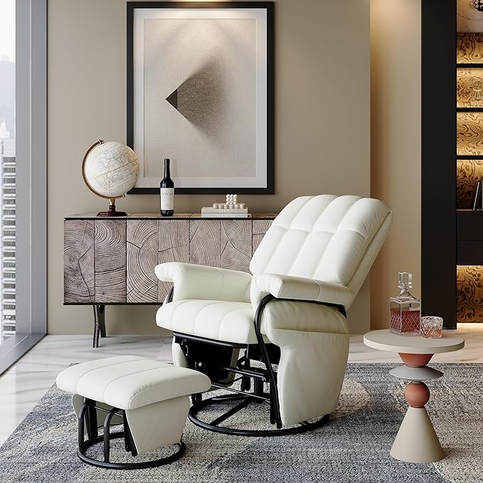 AODAILIHB Swivel Glider Recliner with Ottoman, 360 Rocking Chair with Foot Rest Recliner Chair Indoor Rocking Chair with Side Pockets Nursery Chairs for Living Room, Bedroom, Office (White)-CubbioJoy