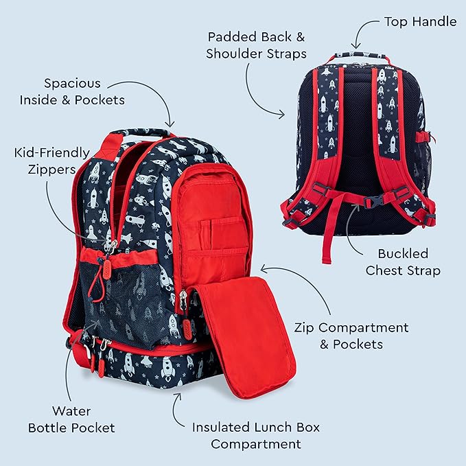 Bentgo Kids 2-in-1 Backpack & Insulated Lunch Bag - Durable 16” Backpack & Lunch Container in Unique Prints for School & Travel - Water Resistant, Padded & Large Compartments (Rocket)-CubbioJoy